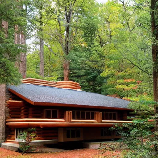 Prompt: Log Cabin designed by Frank Lloyd Wright