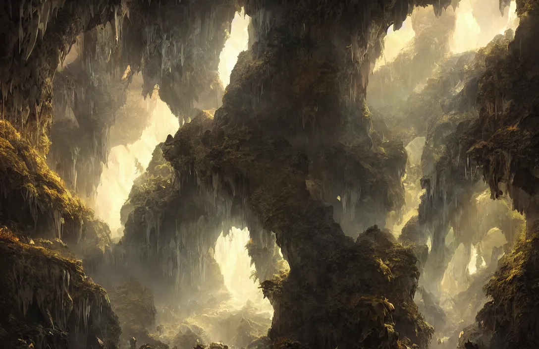 Image similar to a huge cave with a light portal far away in the style of stephan martiniere, detailed dreamscape, hyperreal phantastic, intricate details in environment, golden ratio, high aestehtic, waterfalls and lakes, cinematic light dramatic light, lightrays, flying birds in distance, trending on artstation