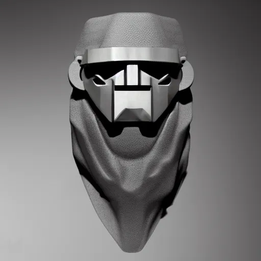 Image similar to MF DOOM mask, highly detailed photo realistic render, shadows, sculpture