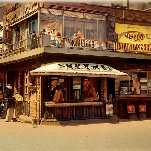 Prompt: Donuts on display at a USA western saloon in the 1800s, robot barkeep, muted cyberpunk style, tranquil, busy but lonely, atmospheric, hazy, sweltering, autochrome, 8k, reflections, style of Leonid Afremov