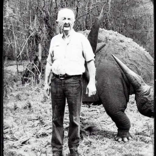 Image similar to old polaroid photo of an old man hunter standing proudly next to a triceratops corpse