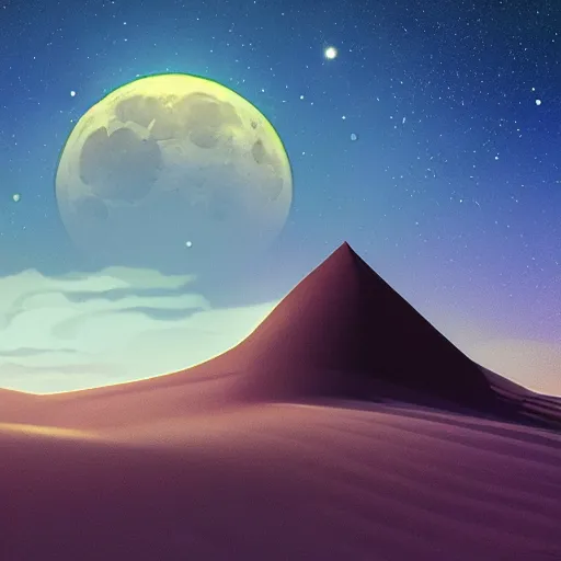 Image similar to midnight dunes of Arabia, the moon hanging in a starry sky, artstation, felix Kelly, Darrell K Sweet, digital art, concept art, d and d art