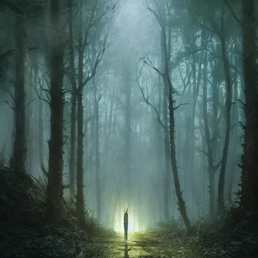 Image similar to highly detailed creepy forest humanoide creature, stephen bliss, unreal engine, fantasy art by greg rutkowski, loish, rhads, ferdinand knab, makoto shinkai and lois van baarle, ilya kuvshinov, rossdraws, tom bagshaw, global illumination, radiant light, detailed and intricate environment