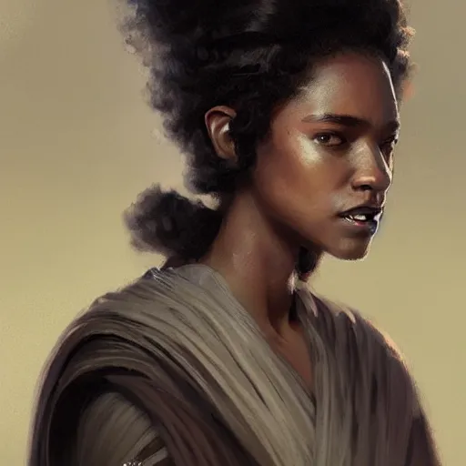 Prompt: portrait of a woman by greg rutkowski, young jedi knight, black, afro hair, pretty, star wars expanded universe, she is about 2 0 years old, wearing jedi robes, highly detailed portrait, digital painting, artstation, concept art, smooth, sharp foccus ilustration, artstation hq