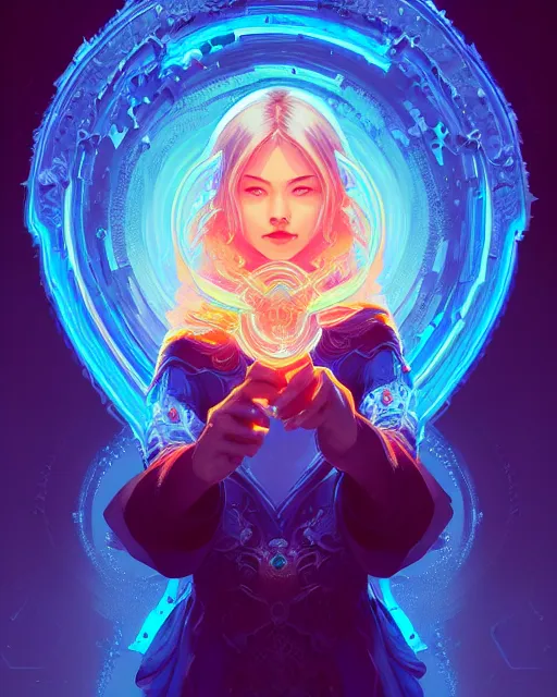 Prompt: perfectly - centered!! looking at the camera!!! full body portrait of the female blue mage, bright lighting, intricate abstract upper body intricate artwork, by tooth wu, wlop, beeple, dan mumford. concept art, hearthstone mastered art