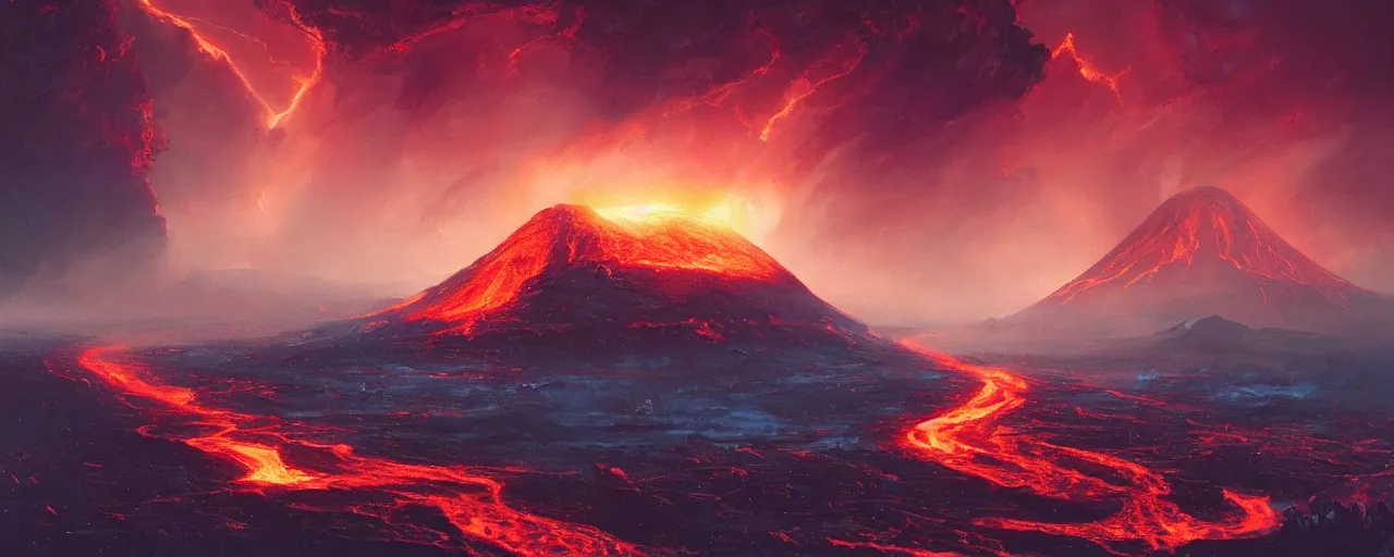 Image similar to ” outer planet with flowing rivers of magma, storm clouds and erupting volcanoes, [ art by paul lehr, cinematic, detailed, epic, widescreen, opening, establishing, mattepainting, photorealistic, realistic textures, octane render ] ”