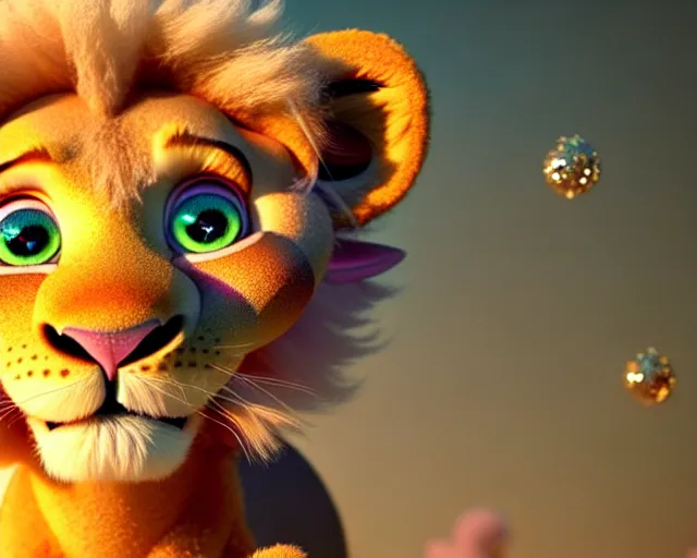Prompt: a cute baby lion, big eyes, soft fur texture, pastel colours, colorful, glitter crystals, cute, pixar animation style, detailed, soft light, octane render, 4 k,