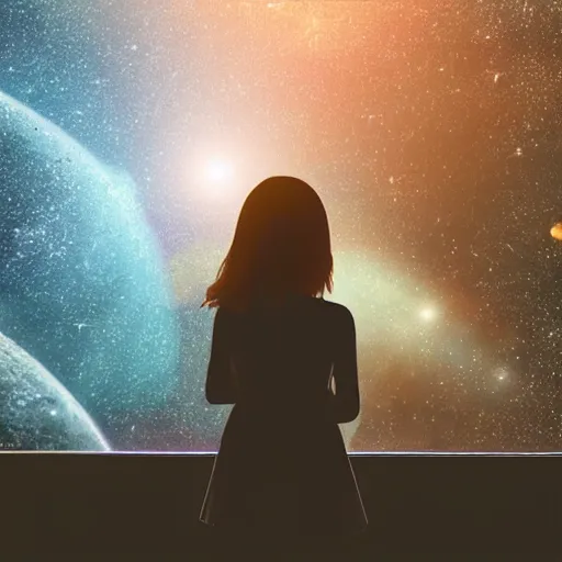 Image similar to a partial silhouette of a girl looking out a large window at a space scene, lofi aesthetic volumetric lighting, dramatic, realistic, intense,