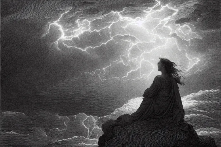 Image similar to black and white, young french woman sits near storm ocean, illuminated by a beam of light through detailed clouds, Gustave Dore lithography