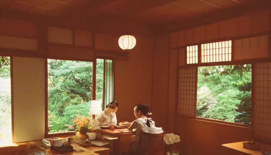 Image similar to 1 9 9 0 s candid 3 5 mm photo of a beautiful day in the a dreamy japanese flowery cottage, cinematic lighting, cinematic look, golden hour, a desk for flower arrangements has sun shinning on it through a window, temple in the distance, uhd