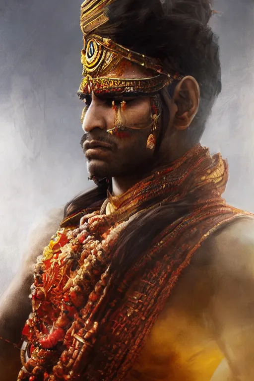 Image similar to hindu warrior, close - up portrait, fierce, intricate, elegant, volumetric lighting, scenery, digital painting, highly detailed, artstation, sharp focus, illustration, concept art, ruan jia, steve mccurry