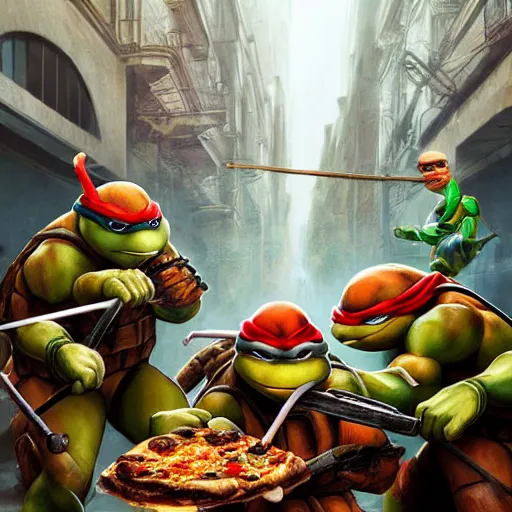 Prompt: four teenage mutant ninja turtles eating pizza, handsome, intricate, detailed, volumetric lighting, scenery, digital painting, highly detailed, artstation, sharp focus, illustration, concept art, ruan jia, steve mccurry