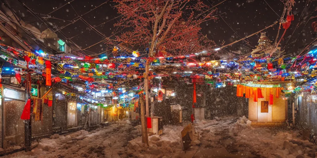 Image similar to a Japanese cyberpunk shrine, snowing, photograph,, sharp focus, intricate detail, high resolution, 8k, neon streetlights, wires hanging down everywhere, Japan, colourful, prayer flags