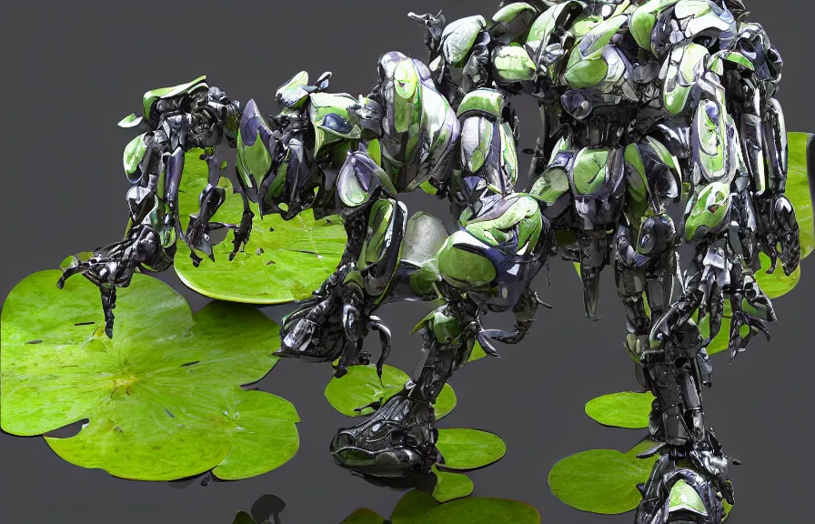 Image similar to amphibious waterlily mobile suit combat mecha textured like water lettuce whose head and top half is shaped like nymphaea flower, cinematic lighting, petals being robotic limbs, waterlily pads, biomechanical, hyperdetailed, bandai box art, 8 k hd resolution, behance hd artstation. # power armor # pistia # waterlily # nymphaea