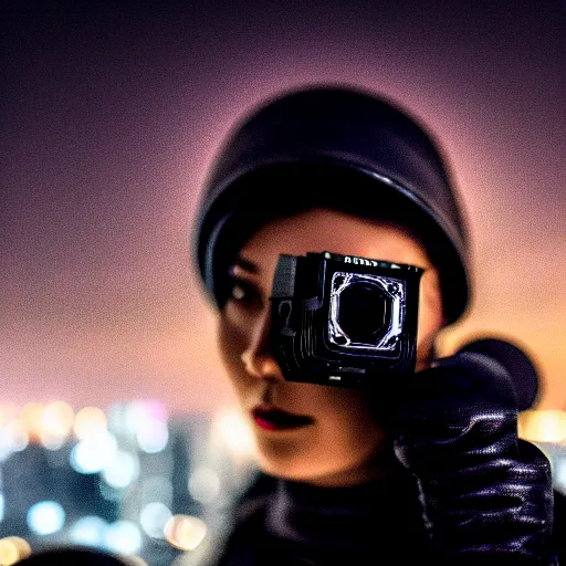 Image similar to photographic portrait of a techwear woman the camera a bullet, closeup, on the rooftop of a futuristic city at night, sigma 85mm f/1.4, 4k, depth of field, high resolution, full color, award winning photography