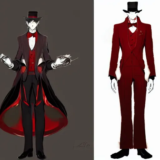 Image similar to FFXIV concept art of a gentleman with a red top hat and monocle and a floral suit