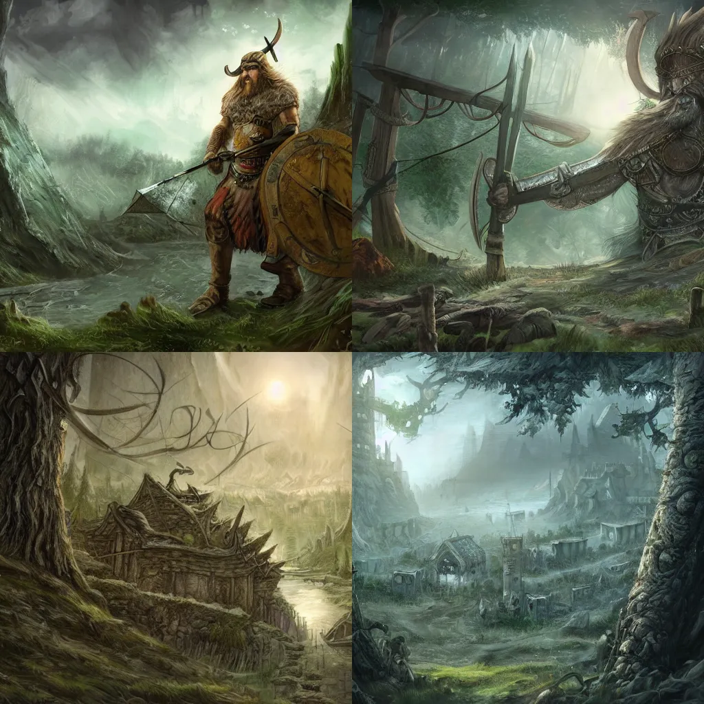 Prompt: viking city, forest surrounding, trending on art-station, high definition, dungeons and dragons, award-winning art