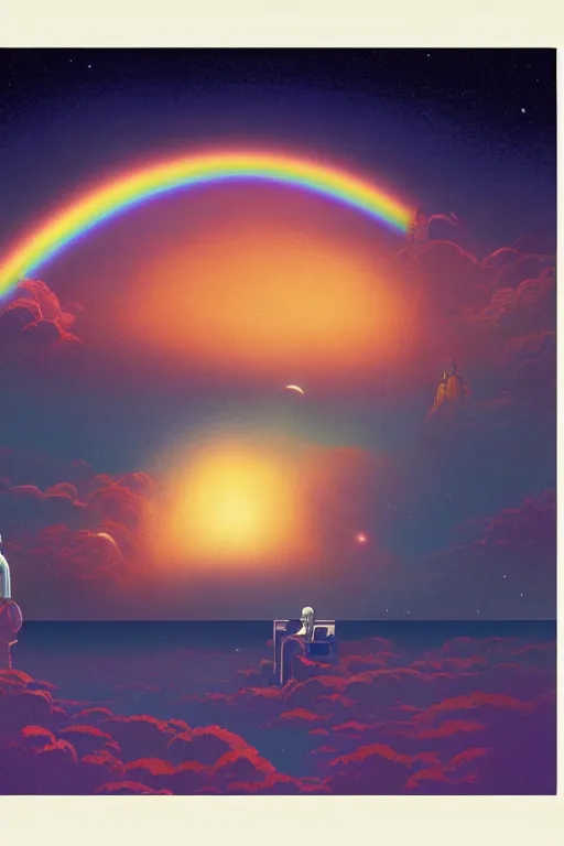 Image similar to a scifi apocalipse in space of a spiritual being dreaming psychedelic hallucinations in cosmos, rainbow colored clouds, by kawase hasui, moebius, Edward Hopper and James Gilleard, Zdzislaw Beksinski, Steven Outram, unreal engine, highly rendered, hd, 8k, artstation