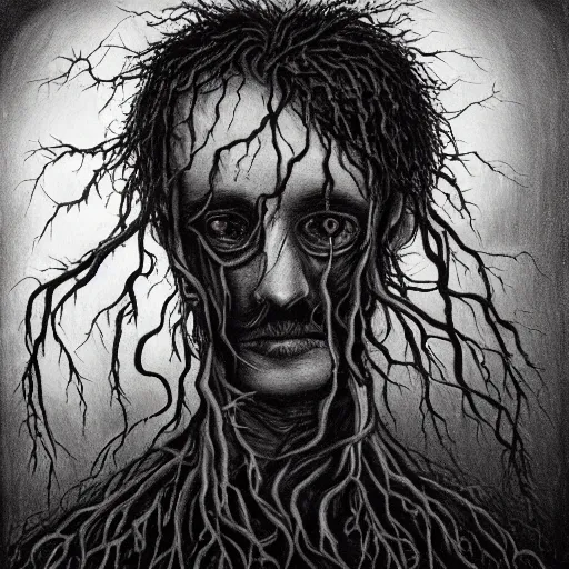 Image similar to award - winning painting of a edgar alan poe, infested with pitch black, tar - like, shadow roots with lots of tendrils on the skin, black veins, intricate detail, deep black roots, infestation, shadowy, lovecraftian, beksinksi, black and white, chiaroscuro, full body shot