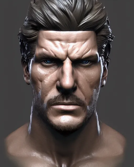 Prompt: solid snake bust portrait, cinematic lighting, backlit face, tired expression, close - up, black atmospheric background, 4 k ultra detailed photorealistic render, best of artstation hdr, official artwork hdr, redshift houdini