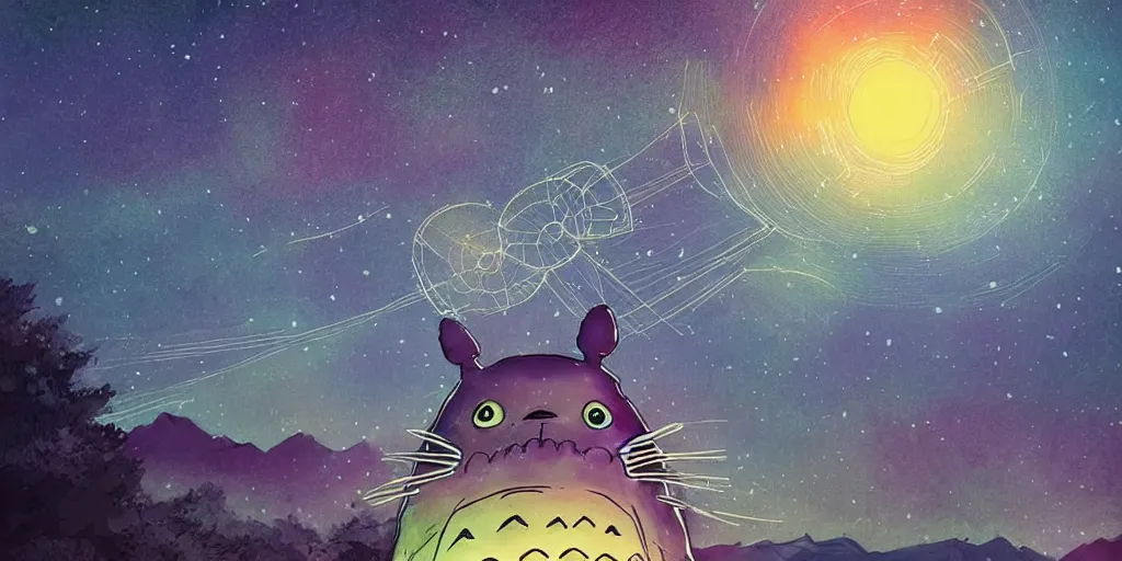 Image similar to glowing wireframe totoro, mountain landscape, night sky, digital art, digital painting, celestial, majestic, colorful