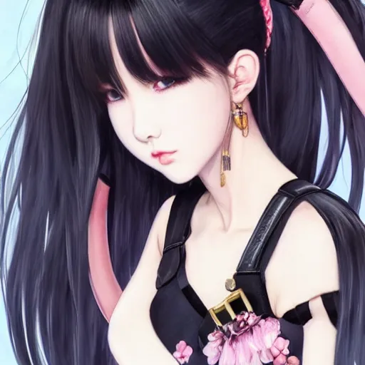 Image similar to realistic beautiful gorgeous natural cute Blackpink Lalisa Manoban black hair fur black cat ears, wearing white camisole summer outfit, headphones, black leather choker, tonemapping artwork drawn full HD 4K highest quality in artstyle by professional artists WLOP, Ayami Kojima, Aztodio, Alphonse Mucha, Taejune Kim, Guweiz on Pixiv Instagram Artstation