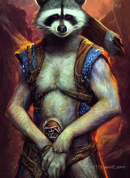 Prompt: human racoon animorphic, ultra detailed fantasy, dndbeyond, bright, colourful, realistic, dnd character portrait, full body, pathfinder, pinterest, art by ralph horsley, dnd, rpg, lotr game design fanart by concept art, behance hd, artstation, deviantart, hdr render in unreal engine 5