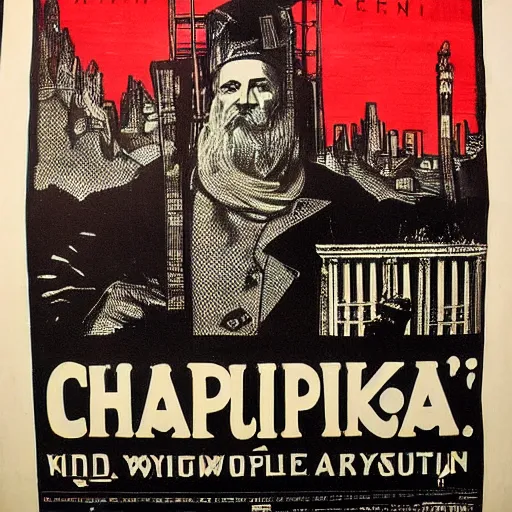 Prompt: 1 9 0 8 capitalism propaganda poster, black and white engraving on antique yellowed paper, with red ink used for emphasis, eastern european look, serious face of leader in the middle of poster, with intricate imagery of buildings and factories and laborers in the background