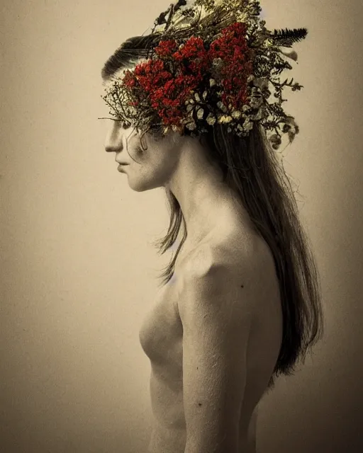 Prompt: a woman's face in profile, made of wildflowers skeleton, in the style of the dutch masters and gregory crewdson, dark and moody