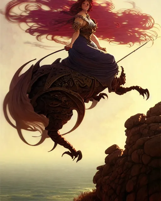 Image similar to the sorceress rides towards the horizon upon a really large and fat cat, dnd fantasy art, intricate, elegant, highly detailed, digital painting, artstation, sharp focus, illustration, art by wlop, mars ravelo and greg rutkowski, art by brom, artgerm and alphonse mucha, 8 k, highly detailed