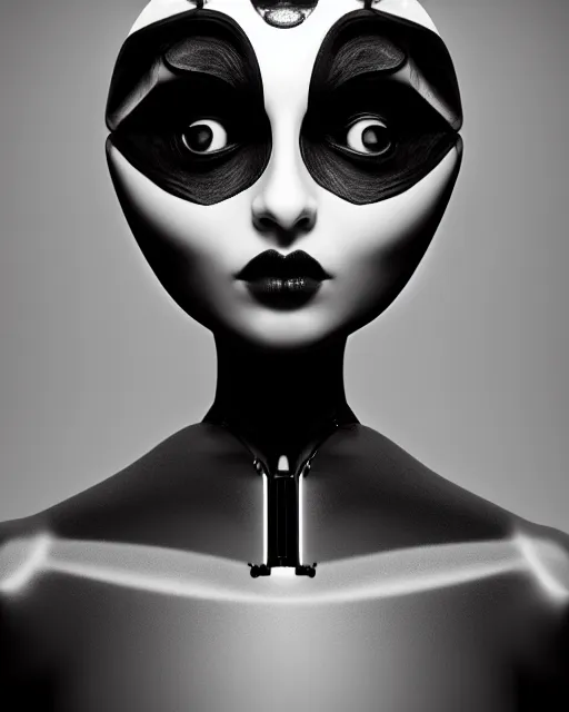 Prompt: surreal mythical dreamy dark artistic black and white fine art 3 / 4 fashion portrait photo of a young beautiful delicate female robot with realistic orchid - owl face, rim light, cinematic, studio dramatic light, poetic, masterpiece, octane render, 8 k, photo - realistic by hg giger and man ray