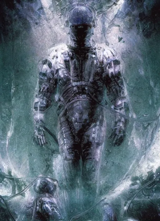 Image similar to astronauts in dark and empty void underwater - complex and hyperdetailed technical suit. reflection and dispersion materials. rays and dispersion of light. volumetric light. 5 0 mm, f / 3 2. noise film photo. flash photography. ultra realistic, wide angle. poster by wayne barlowe, hajime sorayama aaron horkey, craig mullins