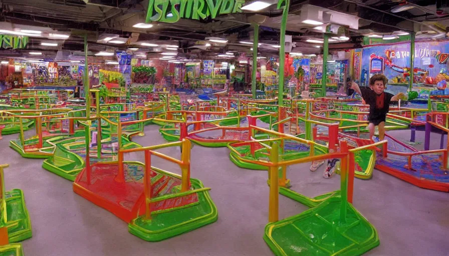 Prompt: 1990s photo of inside the Boring News Grown up errands ride at Universal Studios in Orlando, Florida, children riding on tiny minivans go-carts through a fake grocery store maze course , Nickelodeon slime blaster, flying soccer balls, business men, cinematic, UHD