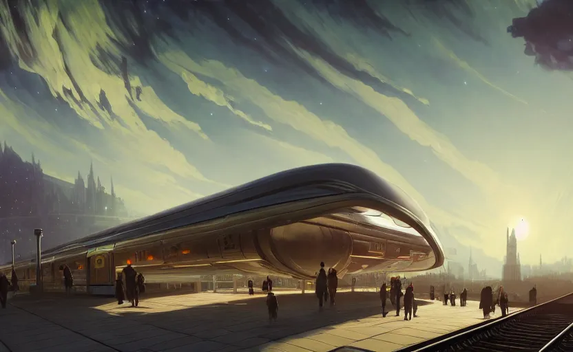 Prompt: exterior shot of utopian train station on the edge of the space with cinematic lighting by zaha hadid and renzo piano, darek zabrocki and greg ruthkowski, alphonse mucha, simon stalenhag, cinematic, holy place, paradise, scifi, futurism, atmospheric, dusk, concept art, artstation, trending on artstation
