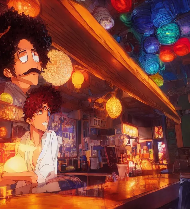 Prompt: close - up anime still of ( ( charming!!!!! latino middle - aged anime protagonist with curly afro and moustache!!! tilting his head charmingly ) late night in an anime bar, cozy lights, detailed orange atmosphere. cinematic rim lighting, global illumination, trending on artstation, hypdertailed, perfect shading, dreamy, masterpiece