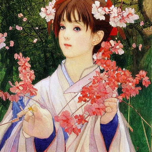 Prompt: Sakura from Cardcaptor Sakura painting masterpiece by vasnetsov and surikov, JEAN-VICTOR BERTIN, by Terence Cuneo