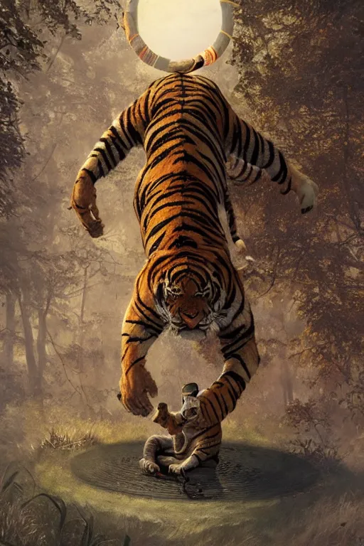 Image similar to a humanoid tiger king stands on a magical circle by greg rutkowski, magic realism, hyper realistic, 2 0 0 mm lens