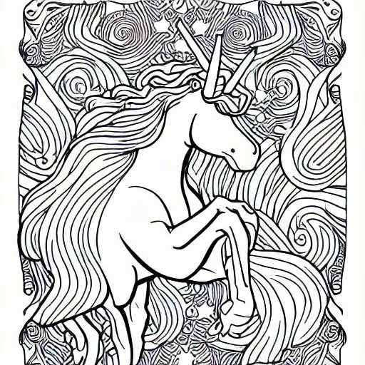 Prompt: fantasy unicorn coloring page, coloring pages for kids
