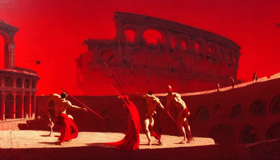 Image similar to only with red, gladiator battle in a crowded roman amphitheatre, crowd cheering, in the style of beksinski and edward hopper and rodcenko and yue minjun and cory loftis, intricate and epic composition, red by caravaggio, highly detailed, masterpiece, red light, artstation, art nouveau