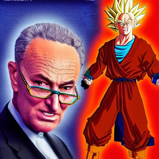 Prompt: Chuck Schumer super saiyan, digital art