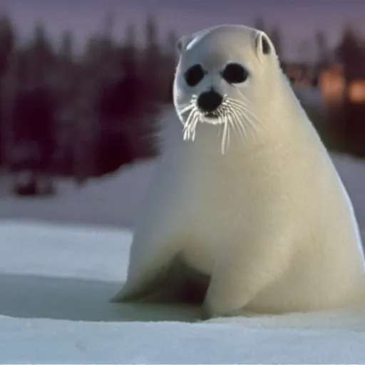 Image similar to baby harp seal as a host, film still from west world