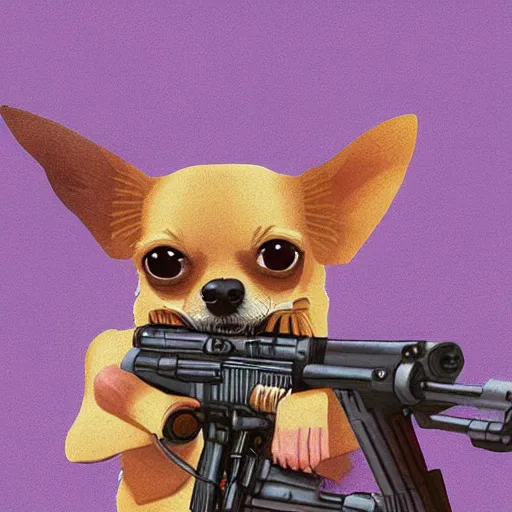 Image similar to cute chihuahua holding a sniper rifle, digital art