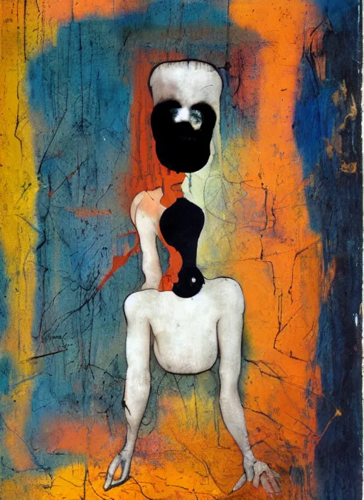 Prompt: brutal black clothes, girl with white eyes, grotesque, doomed, acrylic paint, high resolution gouache on canvas, ugly vibrant colors, neural art, grotesque, wrapped blue background, art francis bacon, collage by joseph cornell