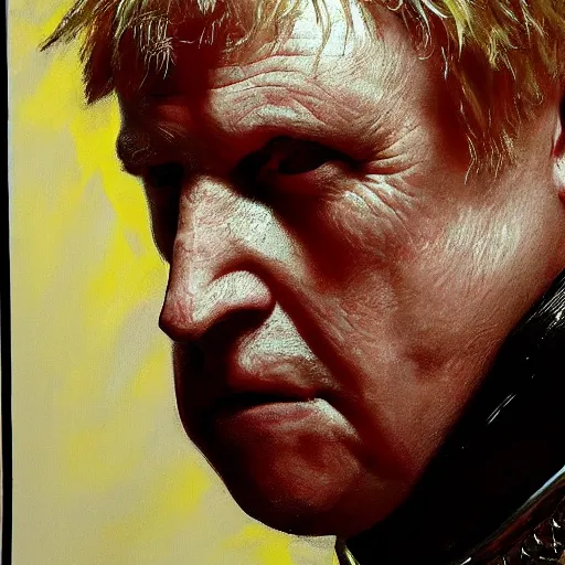 Image similar to close up of boris johnson in full leather armor, cinematographic shot, by daniel f. gerhartz