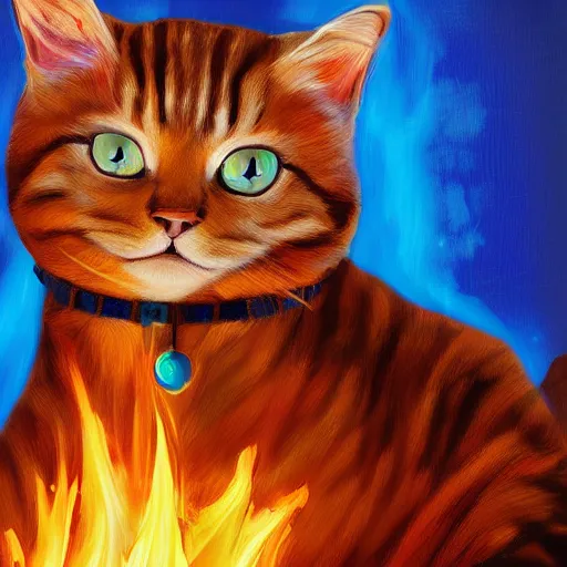 Prompt: An oil painting of cat wizard wearing blue robes casting a fire spell, digital art