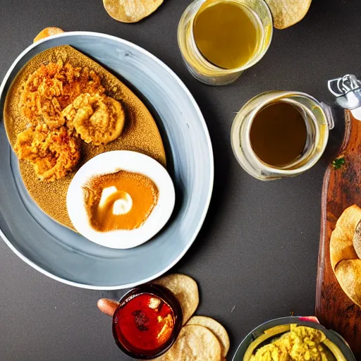 Prompt: a hummus plate with beer, food photography