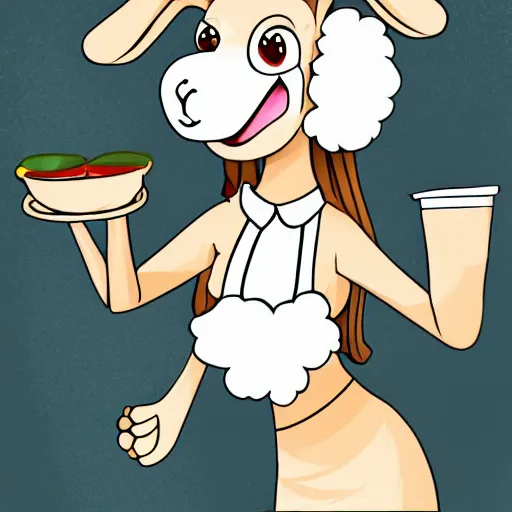 Image similar to beautiful female sheep anthropomorphic working as a waitress, cartoon, digital art, full character, high detail drawing