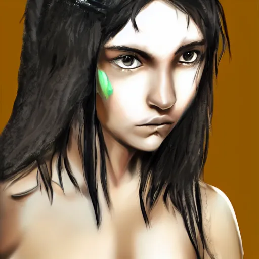 Prompt: 19-year-old barbarian girl with shaggy black hair, hair over her eyes, very long bangs, gray skin, scar, battle scar, face close up, digital art