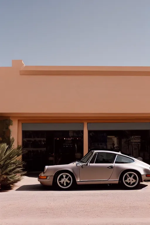 Prompt: Photo of a Porsche 911 Carrera 3.2 parked in front of a Prada Store in the desert, daylight, award winning, high resolution, cinestill 800t.