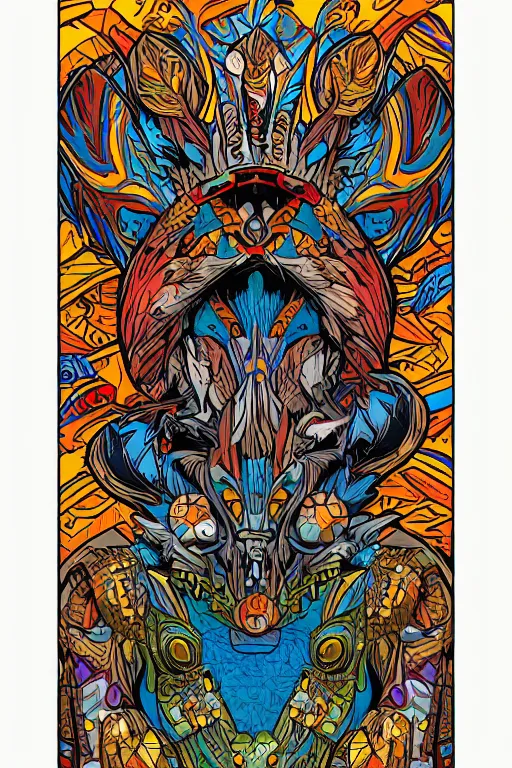 Image similar to animal mask totem roots flower tribal feather gemstone plant wood rock shaman vodoo video game vector cutout illustration vivid multicolor borderlands comics by josan gonzales and dan mumford radiating a glowing aura